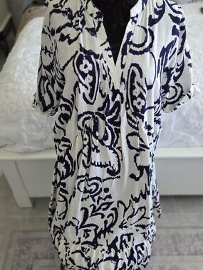 Boho White & Navy Abstract Print Women's Tunic Top